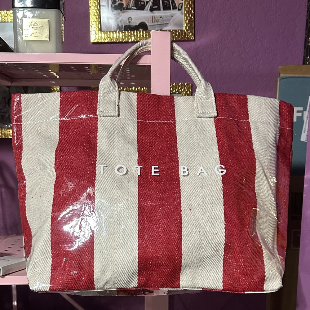 Red & Cream Striped Tote Bag with White Lettering